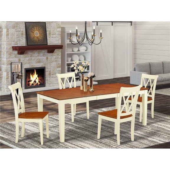 60-78 in. Quincy Rectangular Table with 18 in. Leaf & 4 Double X Back Chairs - Buttermilk & Cherry, 5 Piece