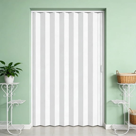 60×80in PVC Internal Accordion Folding Door, Multifold Sliding Door for Closet, White in Color, with Installation Hardware; Handle; Latch.