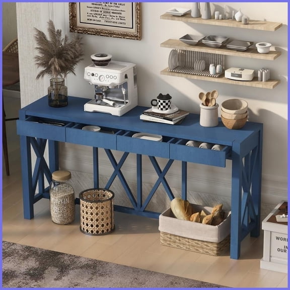 60'' Acacia Veneer Coffee Table with 4 Drawers & Open Base - Sturdy X-Legs for Living Room Entryway