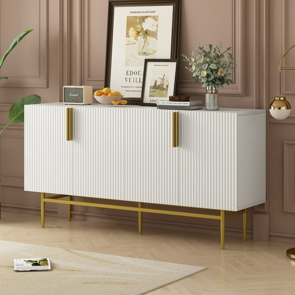 60" Accent Storage Cabinet, Modern Elegant Sideboard with 4-Door, Gold Metal Handle and Legs, Buffet Cabinet for Dining Room, Living Room, Bedroom, Hallway, White