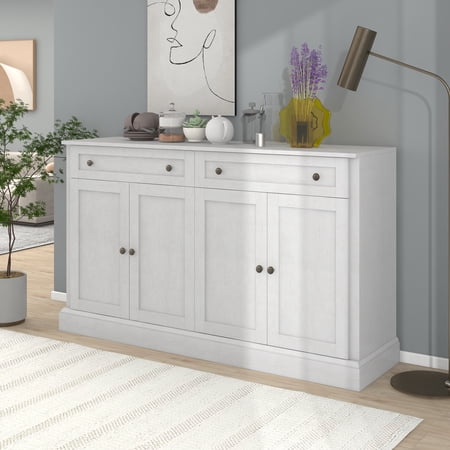 60” Accent Wooden Storage Cabinet with 2 Drawers & 4 Doors Adjustable Shelves, Entryway Table, Sideboard Storage Cabinet for Entryway(Antique White)
