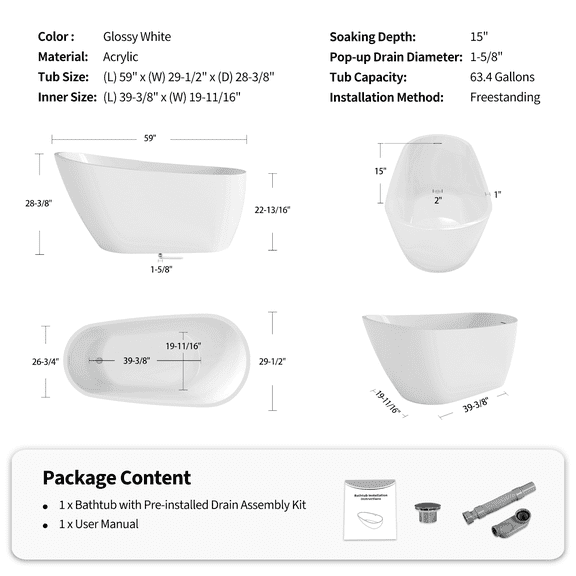 60" Acrylic Freestanding Bathtub, Stylish Deep Soaking Bathtub with Pop-up Drain & Integrated Overflow, Contemporary Stand Alone Bath Tub for Bathroom Spa or Home Upgrade, Glossy White TH-26A04-60