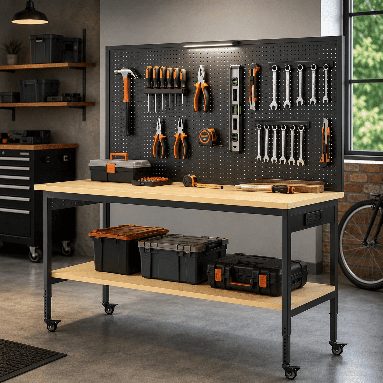 garage fishing workbench with pegboard and LED lighting