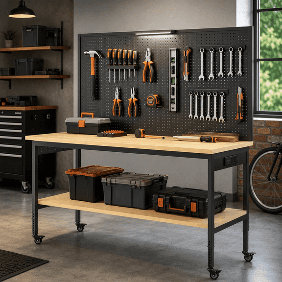 VELTENOVAIRE 60 in Heavy-Duty Adjustable Workbench, 2000 lb Capacity with Pegboard, LED Light and Power Strip