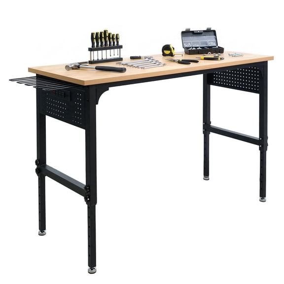 60" Adjustable Heavy Duty Workbench, 2300 LBS Load Capacity Hardwood Work Table with Pegboard, Power Outlets, USB & Type-C Ports, Work Bench for Garage, Office, Workshop, Home, Workstation