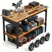60" Adjustable Height Workbench with Double-Layer Pegboard & Power Outlet   Heavy Duty 2500 lbs Load Capacity, Hardwood Top, Height Range 29.5-38.6" for Garage, Workshop, Office, Home