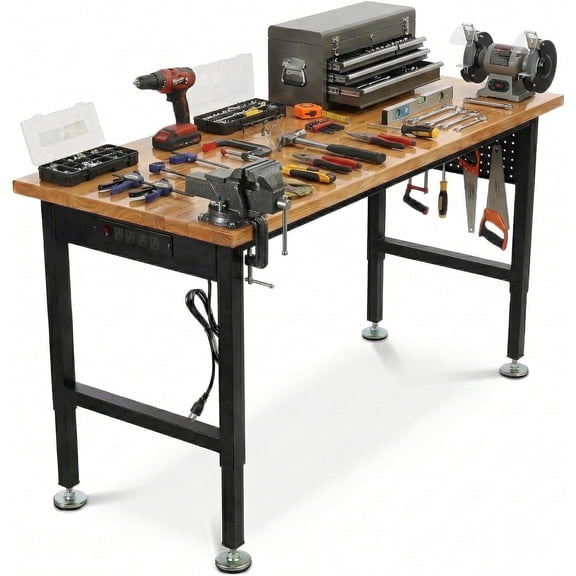 60" Adjustable Height Workbench with Pegboard & Power Outlet – Heavy Duty 2000 lbs Load Capacity Hardwood Top Work Table, Height Range 29.5-38.6 Inches for Garage, Workshop, Office, Home