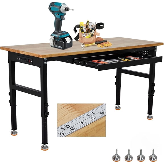 60" Adjustable Workbench with Drawer, 2000 LBS Heavy Duty Work Bench with Power Outlet and Fixed Legs, Steel Frame with Rubber Wood Top, Work Table for Garage, Office, Home