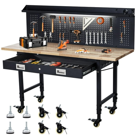 60" Adjustable Workbench with Drawer Storage, Rubber Wood Top Work Table for Garage, Heavy Duty Worktable with Removable Pegboard, Power Outlet, Hooks, Tool Storage Bench for Warehouse Workshop