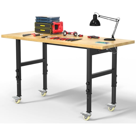60 "Adjustable Workbench with Power Outlets & Wheels,Heavy Duty Work Bench 2000 LBS Load Capacity Wooden Workbench top for Garage,Workshop,Office,Home