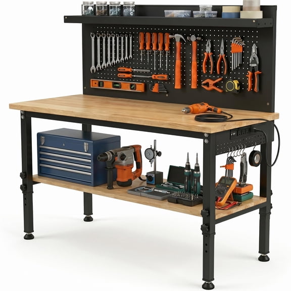 60'' Adjustable Workbench with Storage Shelf & Pegboard Max Load 2000 LBS, Heavy Duty Rubber Wood Tabletop Tool Bench with AC/USB Outlet, Garage Organization, Work Benches for Workshop, Office
