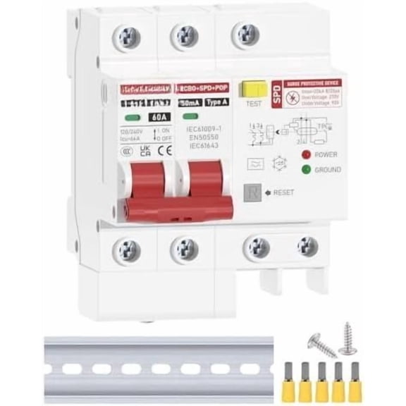 60 Amp GFCI Breaker with Surge Protector, 60A Ground Fault Circuit Interrupter,  Circuit Breaker