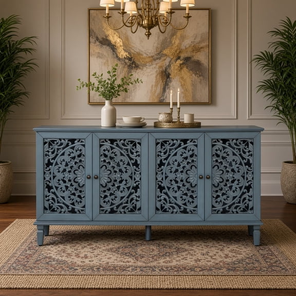 60" Antique Buffet Cabinet, Floral Carved Sideboard with Adjustable Shelves & Solid Wood Legs, TV Stand for 65''+ TV, Living Room Dining Room, Antique Blue