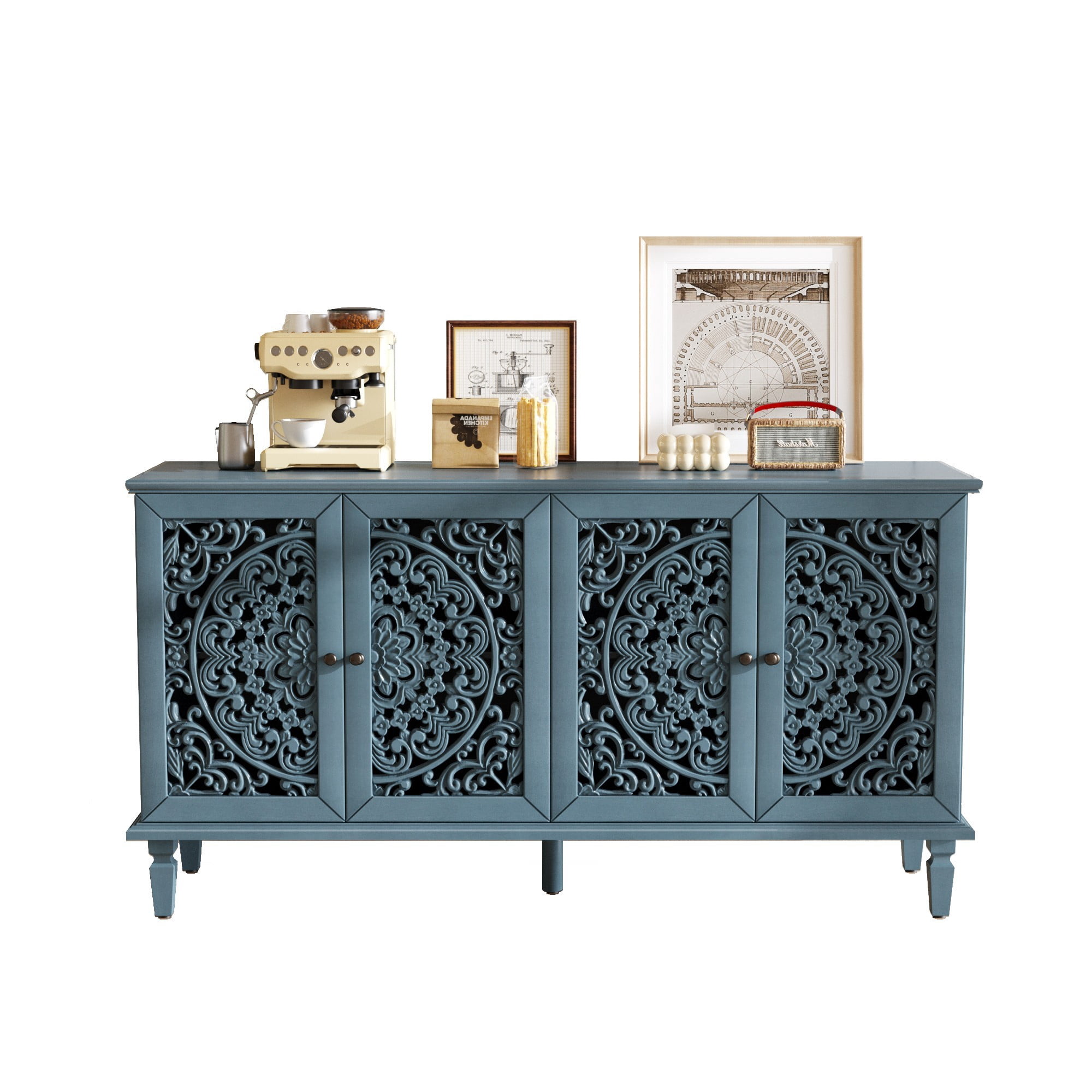 60" Antique Buffet Cabinet with Floral Carved Doors, TV Stand for 65 Inch TV, Sideboard Cabinet with Adjustable Shelves, Antique Blue