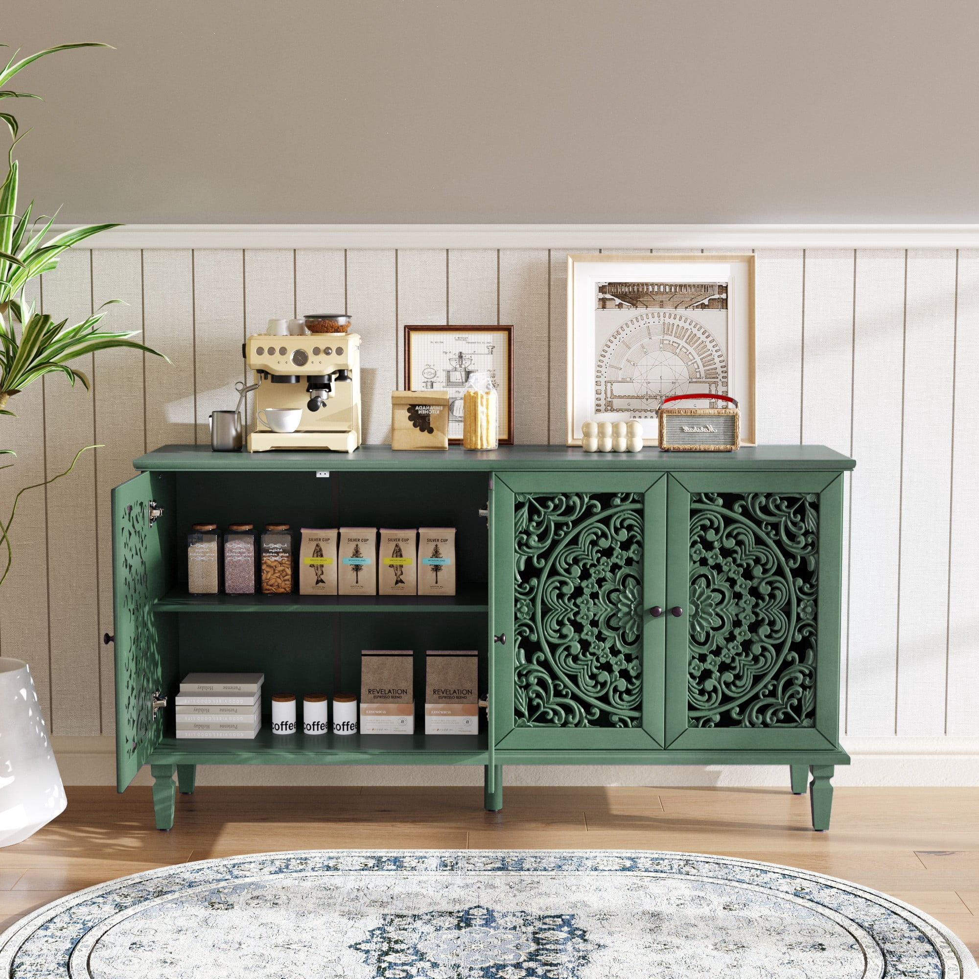 60" Antique Buffet Cabinet with Floral Carved Doors, TV Stand for 65 Inch TV, Sideboard Cabinet with Adjustable Shelves, Antique Green