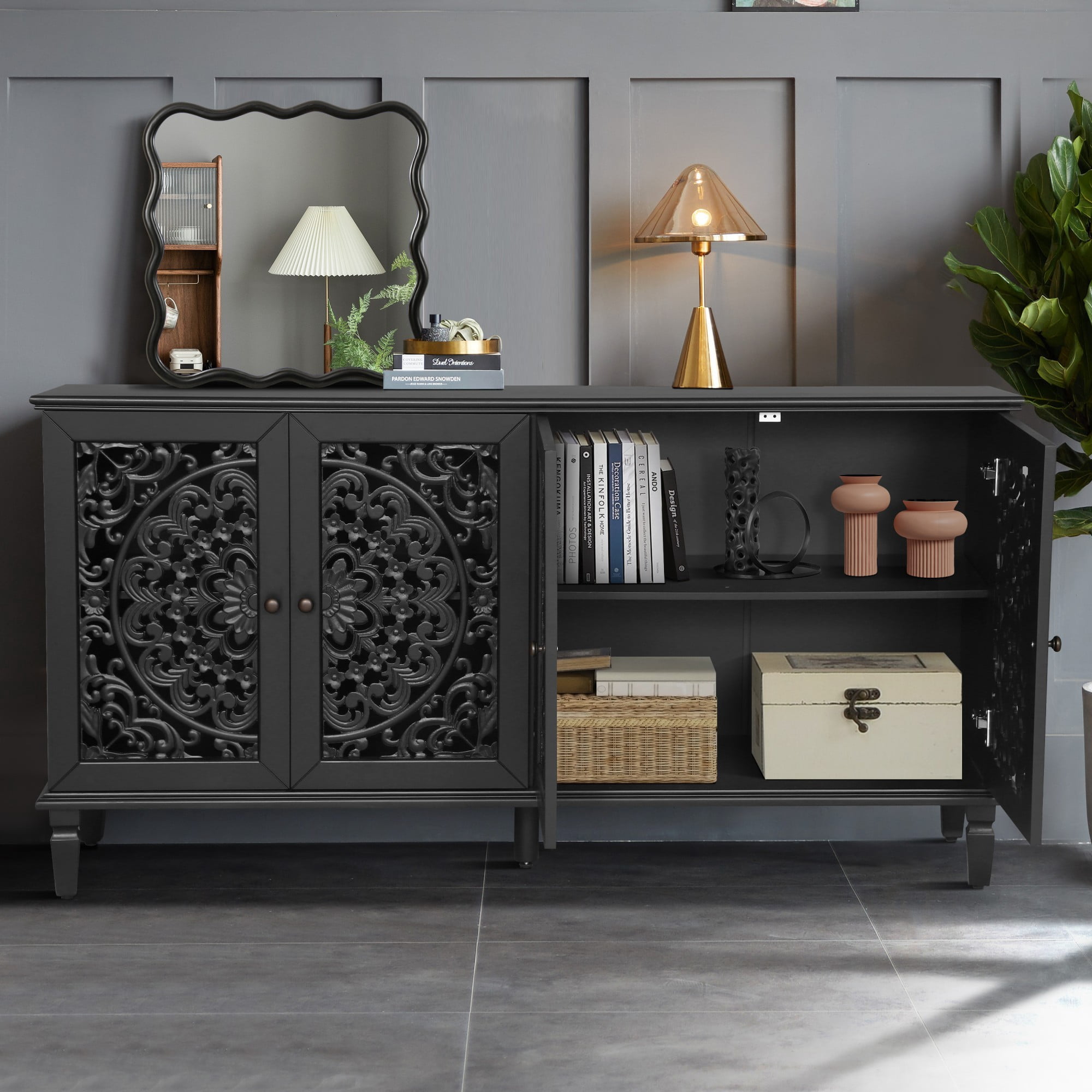 60" Antique Buffet Cabinet with Floral Carved Doors, TV Stand for 65 Inch TV, Sideboard Cabinet with Adjustable Shelves, Black