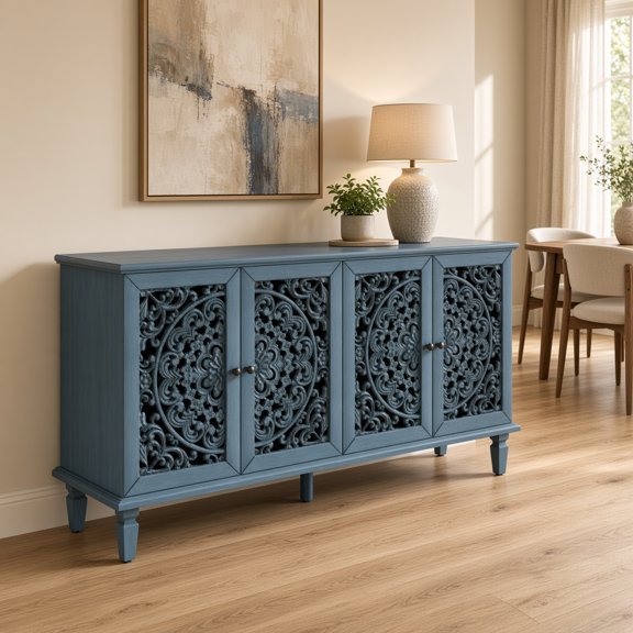 60" Antique Buffet Cabinet with Floral Carvings, Solid Wood Legs, Adjustable Shelves, Antique Blue