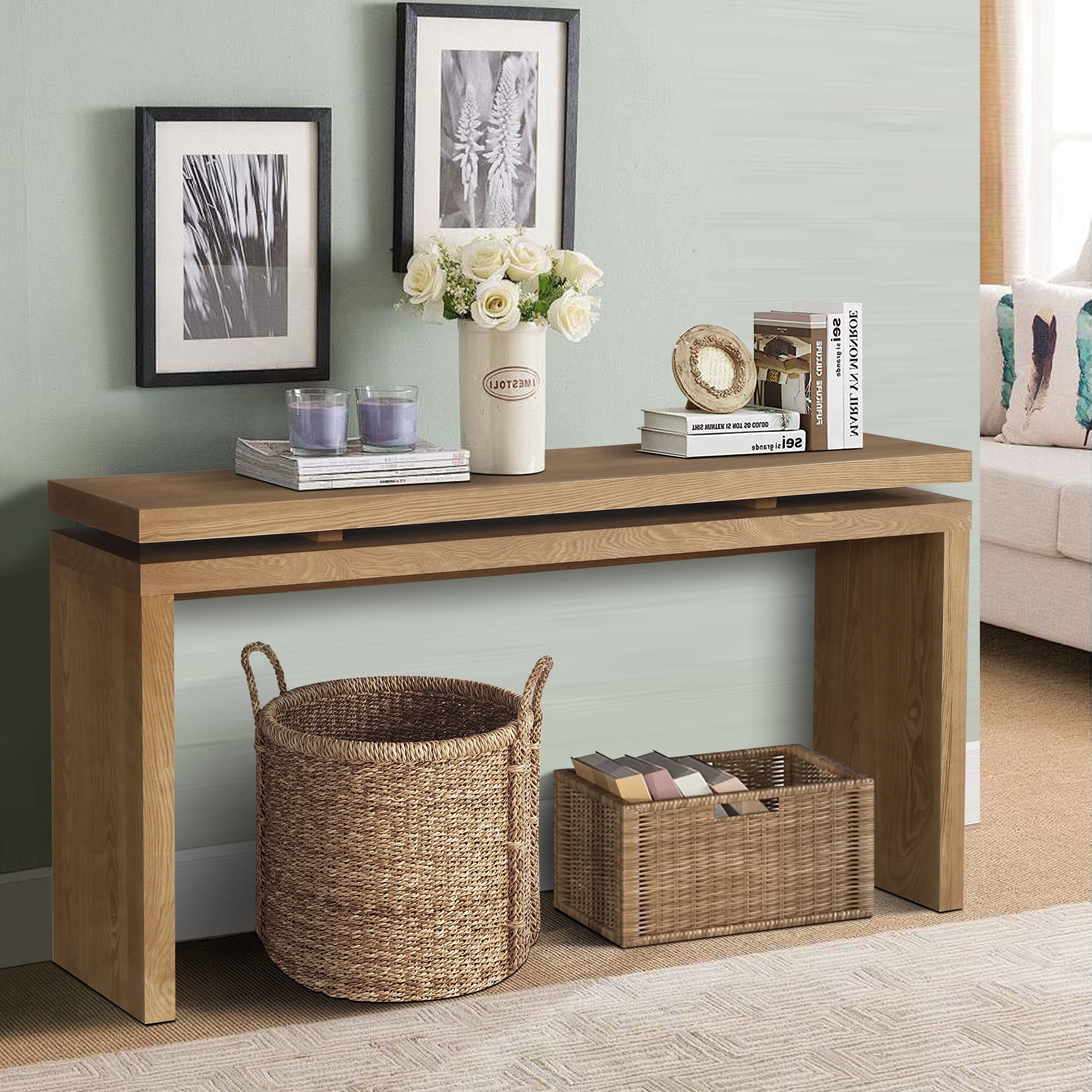 60" Antique Natural Farmhouse Console Table, Retro Wooden Entryway Table with Double Board Suspension Design, Solid Wood & MDF, Sofa Table for Living Room (Antique Brown)