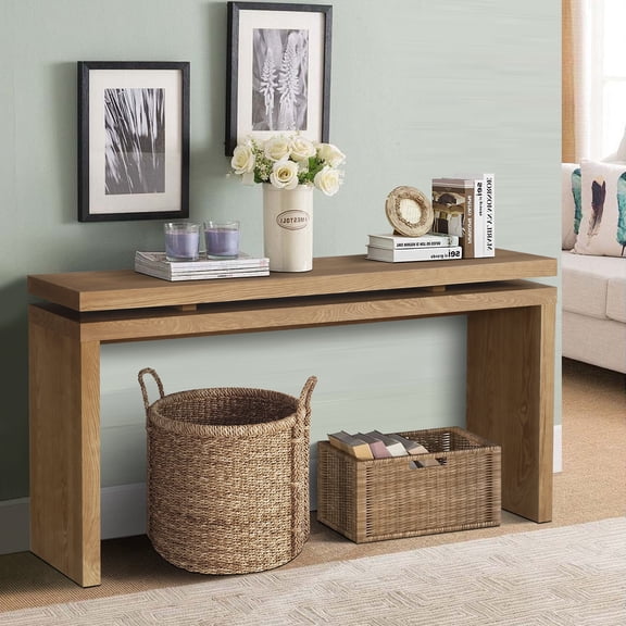 60" Antique Natural Farmhouse Console Table, Retro Wooden Entryway Table with Double Board Suspension Design, Solid Wood & MDF, Sofa Table for Living Room (Antique Brown)