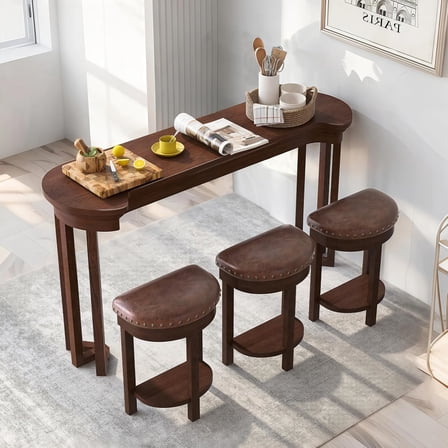 60'' Bar Table and Chairs Set, Industrial Breakfast Table Set Multipurpose Home Solid Wood Console Table with 3 Padded Stools for Kitchen Living Dining Room (Cherry)