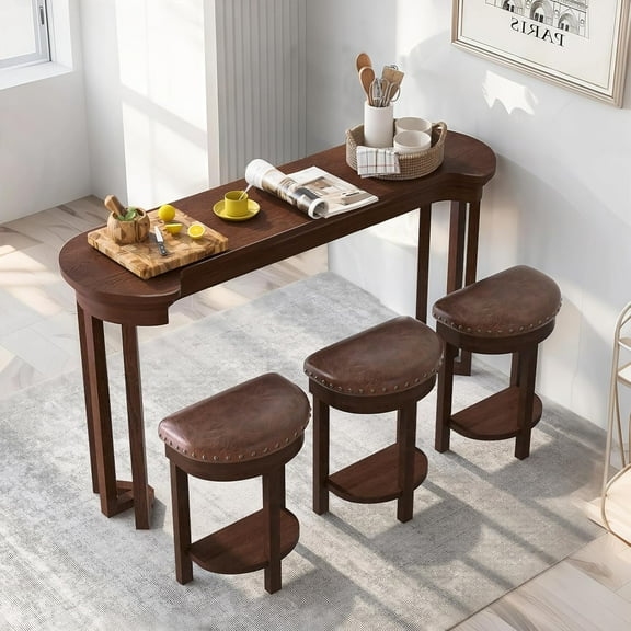 60'' Bar Table and Chairs Set, Industrial Breakfast Table Set Multipurpose Home Solid Wood Console Table with 3 Padded Stools for Kitchen Living Dining Room (Cherry)
