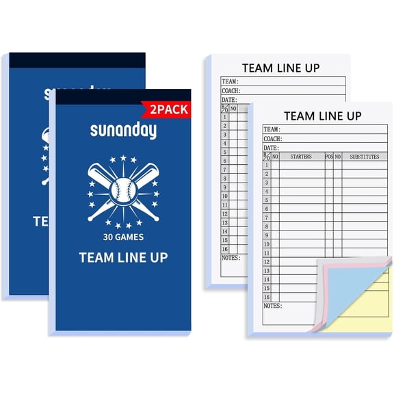 60 Baseball Softball Lineup Cards, 4.5x8 Inch 4-Part Carbonless Copy with Tearing Line, 16 Player Roster Sheet, Softball Line up Coaching Accessories for Coaches and Umpires