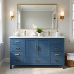 60" Bathroom Vanity Base Cabinet with 2 Soft-Close Double Doors, 1 Large Drawer, 6 Small Drawers & 2 Small Flip Storage Compartments, Blue