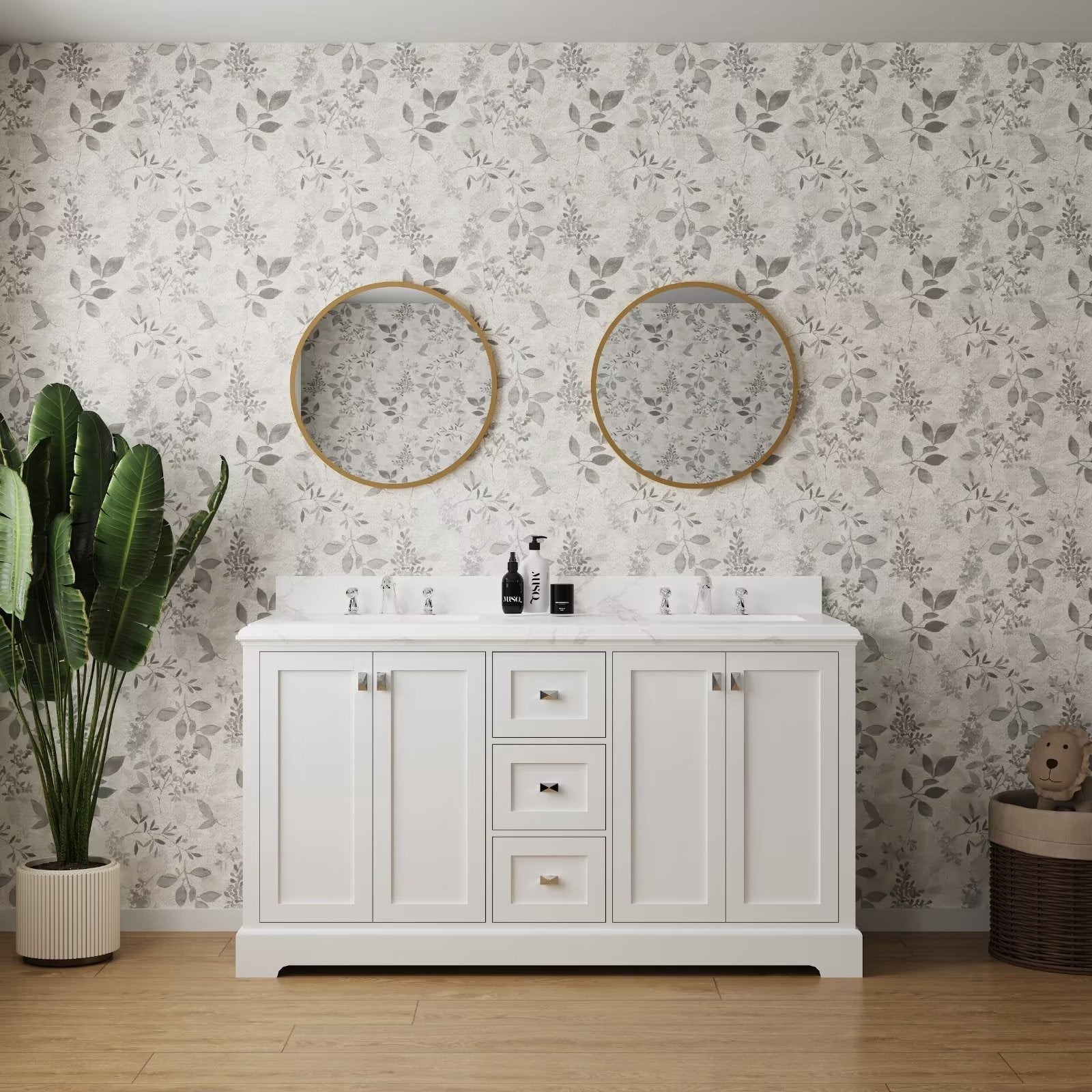 60'' Bathroom Vanity Cabinet with Double Sink and Marble Countertop ...