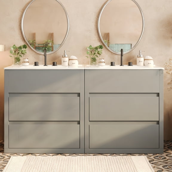 60" Bathroom Vanity Set with Double Sink, Vanity Cabinet with 2 Drawers, Solid Wood Bathroom Cabinet with 2 Separate Ceramic Basin for Bathroom, Gray