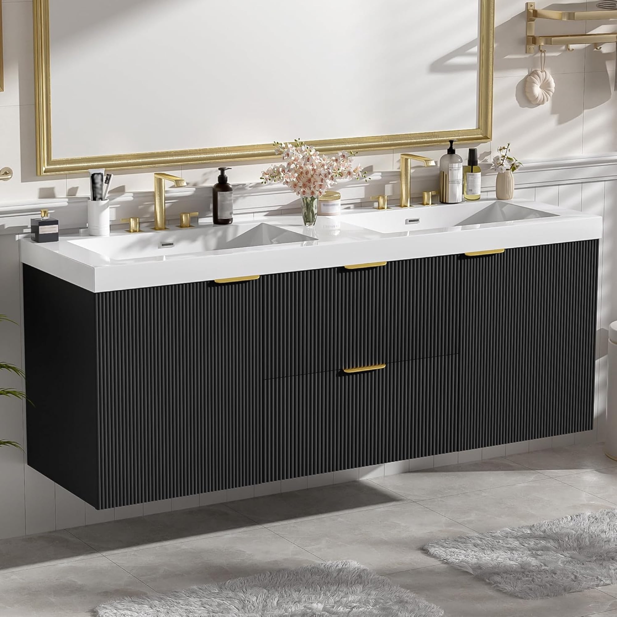60" Bathroom Vanity with Sink Combo, Floating Double Sink Bathroom Vanity with 4 Drawer, MDF Storage Cabinet with SMC Resin Top, Wall-Mounted Bathroom Vanities (60''-Black)