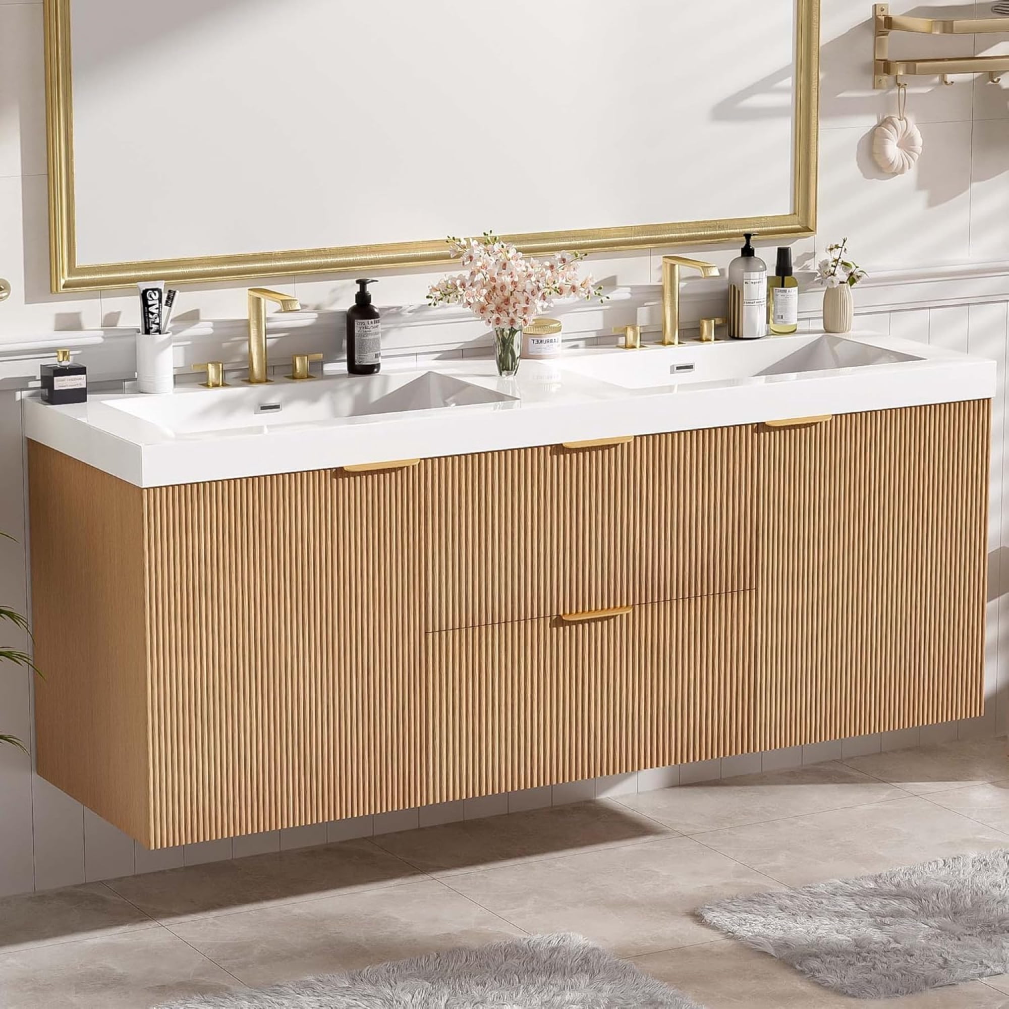 60" Bathroom Vanity with Sink Combo, Floating Double Sink Bathroom Vanity with 4 Drawer, MDF Storage Cabinet with SMC Resin Top, Wall-Mounted Bathroom Vanities (60''-Wood)