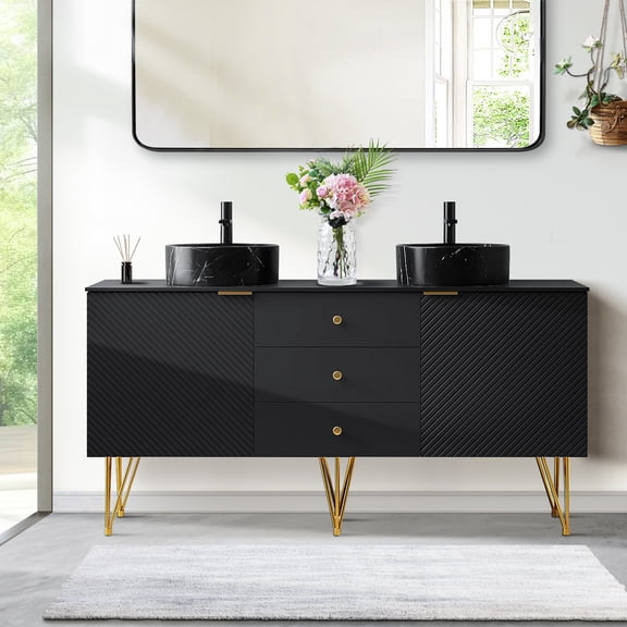 60" Bathroom Vanity with Sinks, Freestanding Plywood Bathroom Vanity - Sintered Stone Top, 2 Stone Pattern Ceramic Vessel Basins Bathroom Sink, 3 Drawers & 2 Open Compartments - Black Vanity