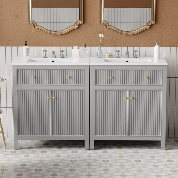 60'' Bathroom Vanity Set with Ceramic Sink (Separate), Free Standing Single Vanity Set with Soft Closing Doors, Modern Style, Grey