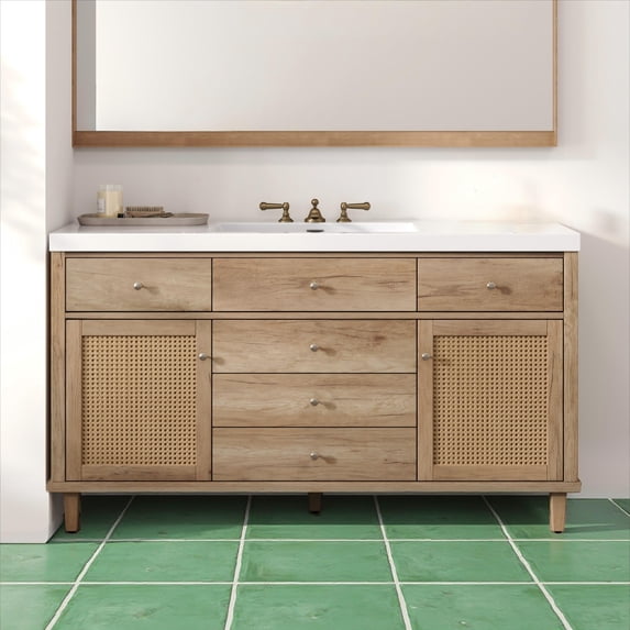 60" Bathroom Vanity with Sink, Modern Bathroom Storage Cabinet with Rattan Doors, 5 Drawers & Pine Legs, Natural