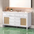 thumbnail image 1 of 60" Bathroom Vanity with Sink, Modern Bathroom Storage Cabinet with Rattan Doors, 5 Drawers & Pine Legs, White, 1 of 18