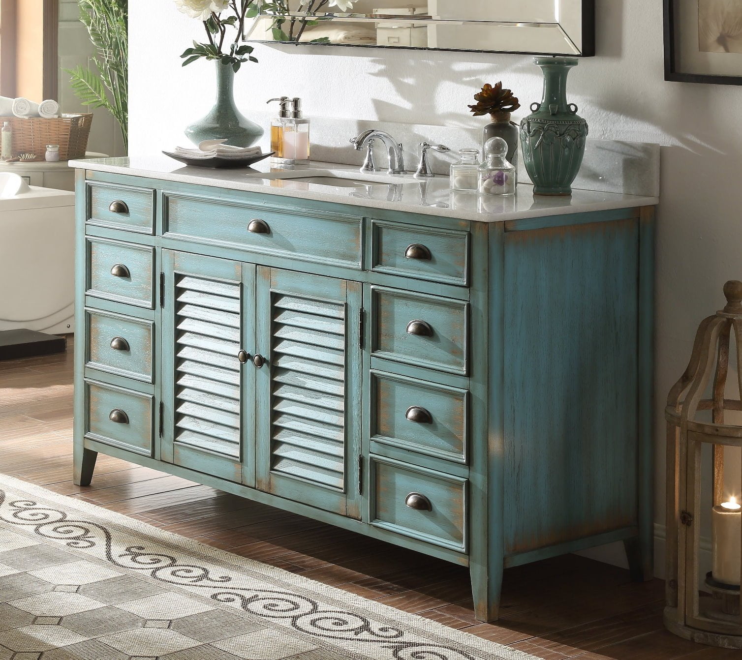 60" Distressed Blue Shutter Door Single Sink Vanity with Marble Top