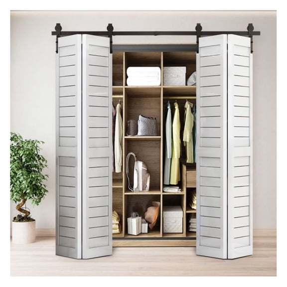 60" Bi-Fold Sliding Barn Door Kit for 4 Doors, Black J Shape Track - Smooth Quiet Operation, Interior Passage, Closet, Room Divider [Doors Not Included]