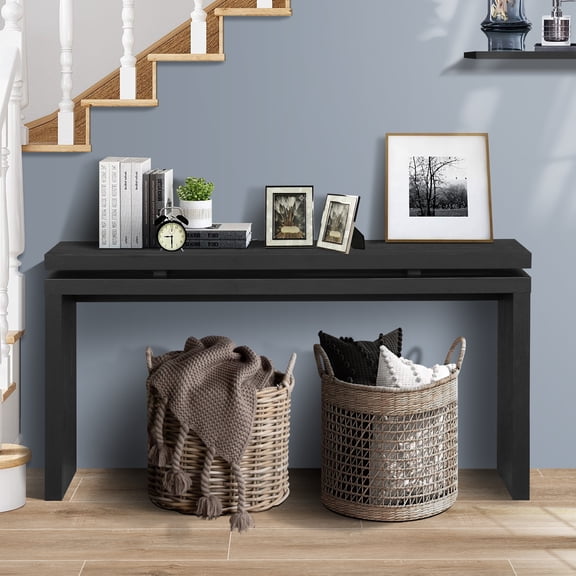 60'' Black Farmhouse Console Table - Retro Wooden Entryway Table with Double Board Suspension Design, Solid Wood & MDF, Sofa Table for Living Room