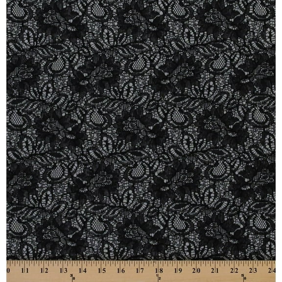 60" Black Lace With Silver Satin Backing Floral Leaves Lace Fabric By the Yard (2740F-5M)
