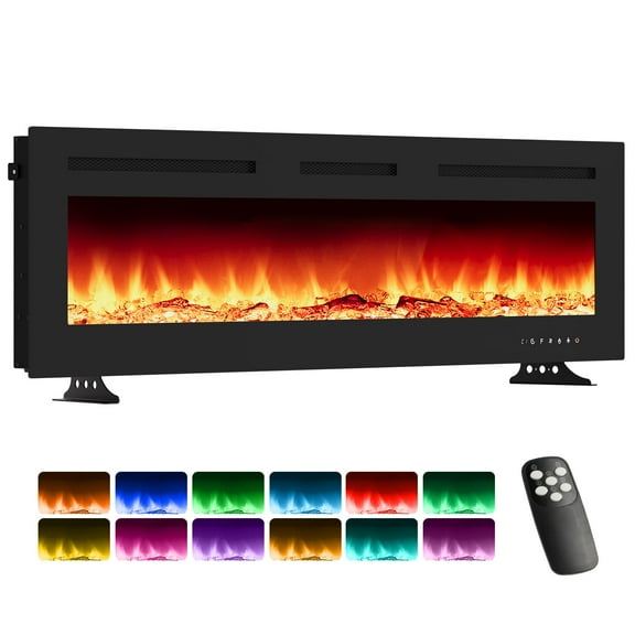 60" Black Wall-Mounted Electric Fireplace - 12 Flame Colors, Remote, 1500W/750W Heater, Touch Screen, Timer, Log&Crystal Effects, 5 Brightness Levels