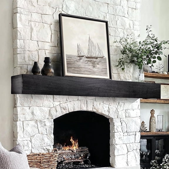 Elleree 60 in Black Wood Floating Fireplace Mantel Shelf for Living Room Over Fireplace Wall-Mounted Mantel Shelves