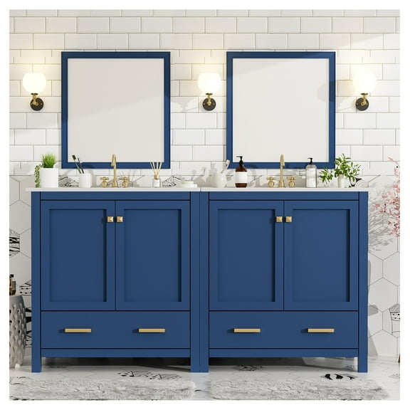 60" Blue Bathroom Vanity Set with Double Vanities (Separate), Double Ceramic Sinks, Storage Shelf, and Divided Drawers (Mirror not included)– Modern Bathroom for Spacious Bathrooms