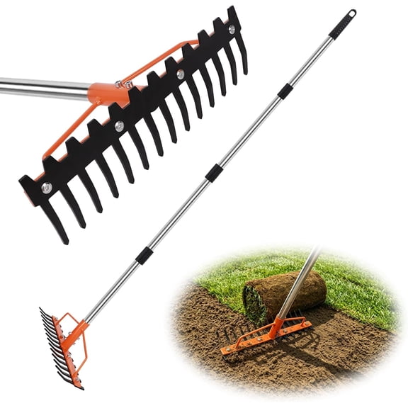 60'' Bow Rake, 14 Steel Tines Metal Rake with Long Handle, Garden Rake for Soil Loosening Leveling Leaves Gathering Thatch Removal Gravel Rock Landscape Yard Care