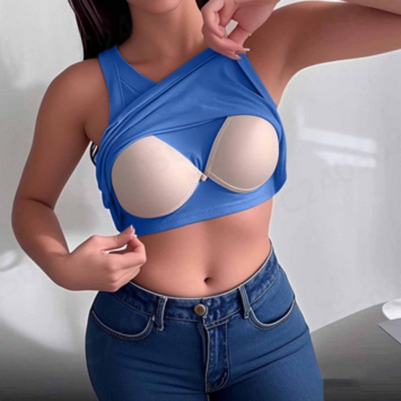 Up to 60% off Bras for Women, Xunlbb Summer Women Solid Color RoundNeck Tank Top With Built In Bra Camisoles for Under Clothes Spaghetti Strap Cami(Blue,Free Size)