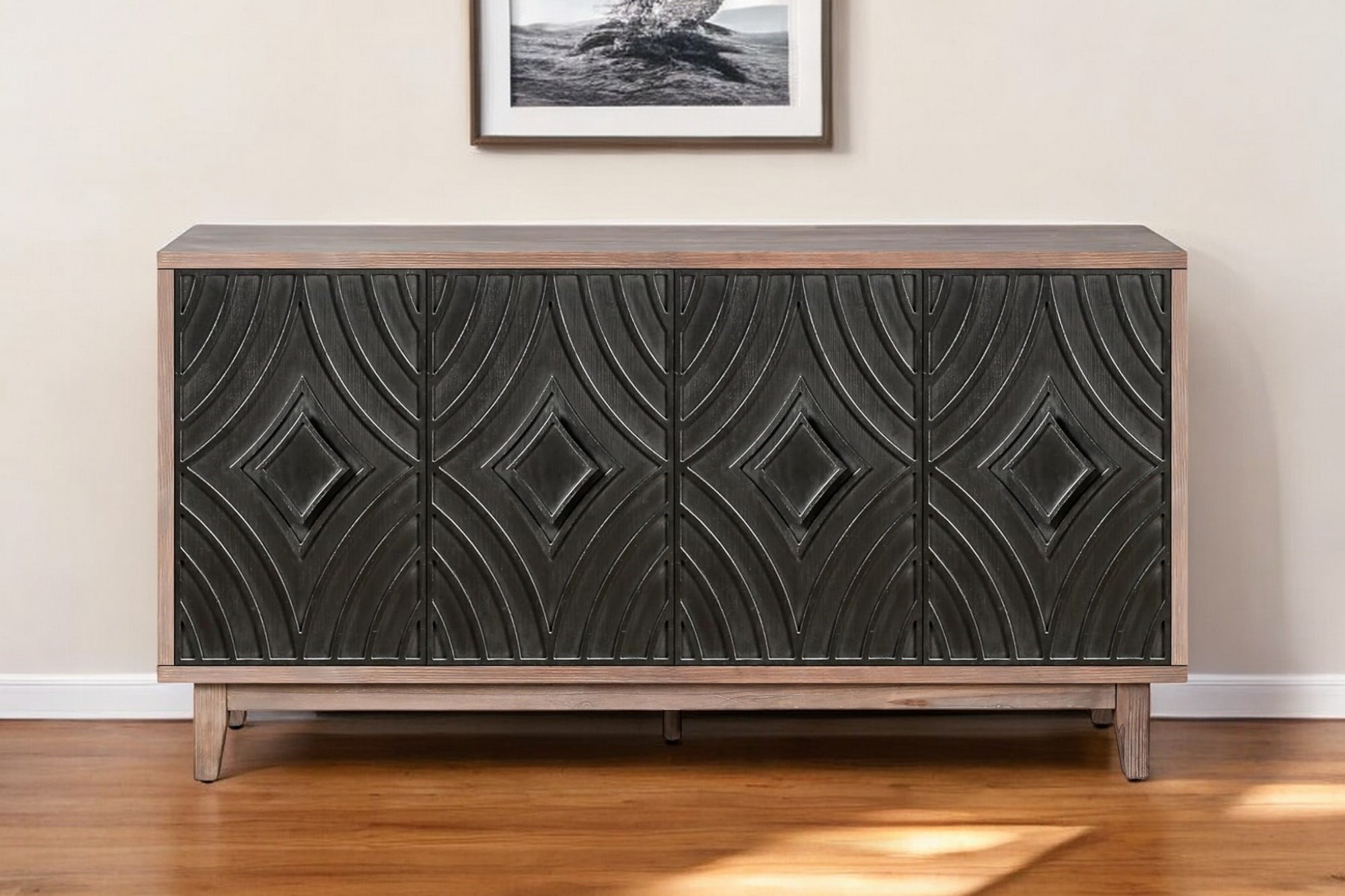 60" Charcoal and Brown Distressed Wood Sideboard with Geometric Carved Doors