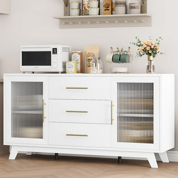 60" Buffet Cabinet - Coffee Bar Sideboard with 2 Fluted Glass Doors & 3 Drawers, Adjustable Shelves Storage, Dining Room Kitchen Organizer