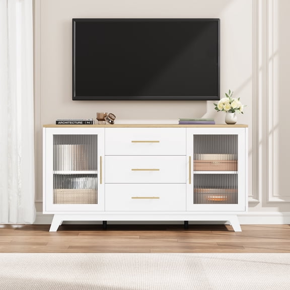 60" Buffet Cabinet - Coffee Bar Sideboard with 2 Fluted Glass Doors & 3 Drawers, Adjustable Shelves Storage, Dining Room Kitchen Organizer