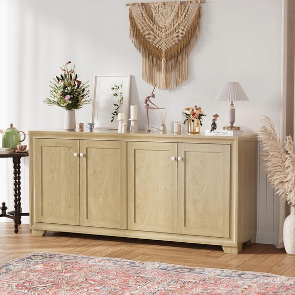 60" Buffet Cabinet with Storage, 4 Doors Sideboard with Adjustable Shelves, Modern Farmhouse Coffee Bar Console Table for Living Room, Kitchen, Dining Room, Entryway, Oak