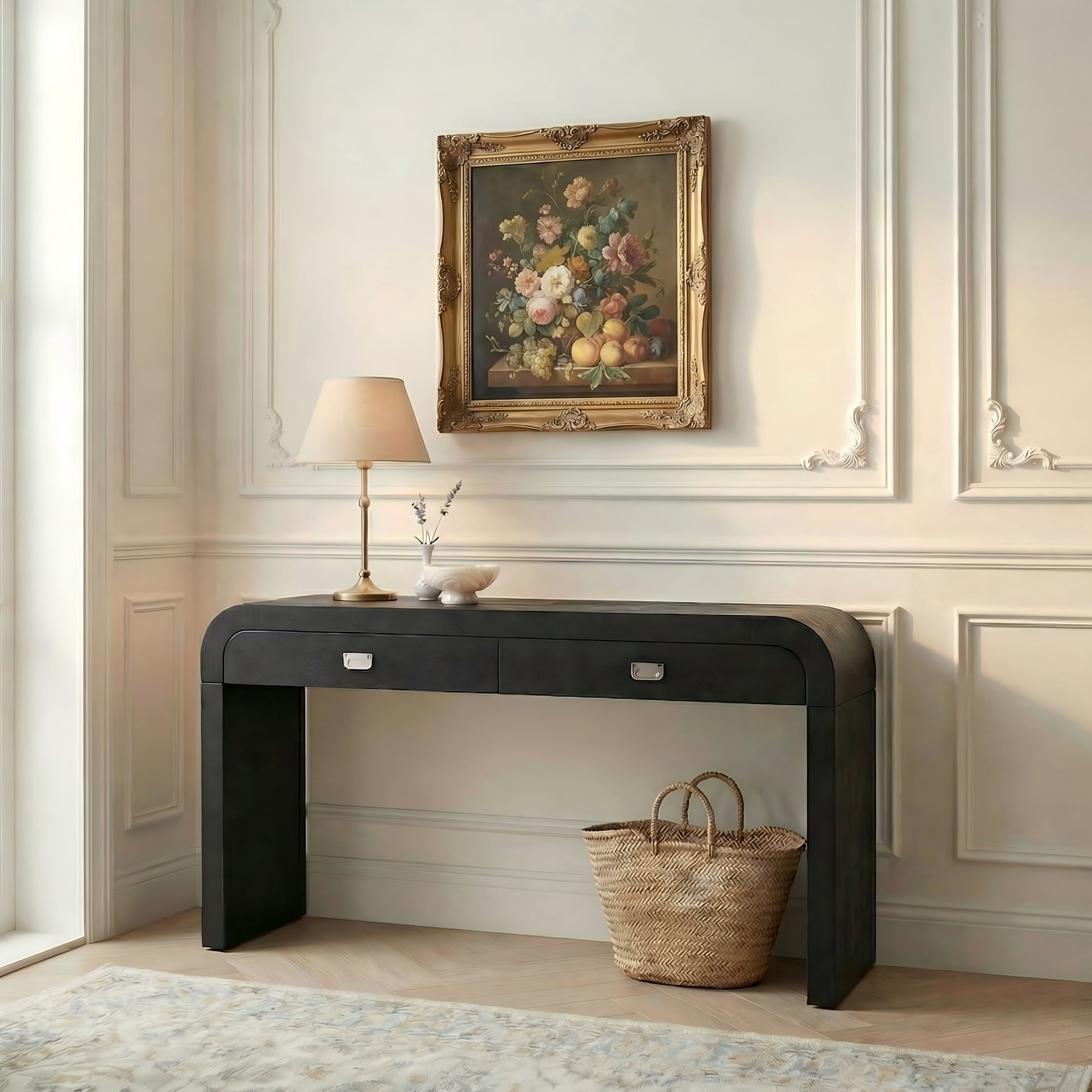 60" Burl Wood Console Table, Wooden Console Table with 2 Large Drawers, Entryway Table with Metal Handles, for Foyer, Hallway, Living Room, Office, Black