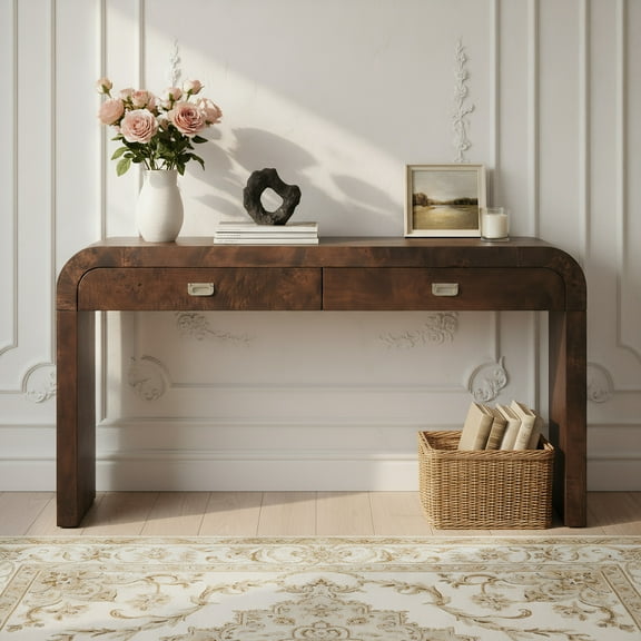 60" Burl Wood Console Table, Wooden Console Table with 2 Large Drawers, Entryway Table with Metal Handles, for Foyer, Hallway, Living Room, Office, Dark Brown